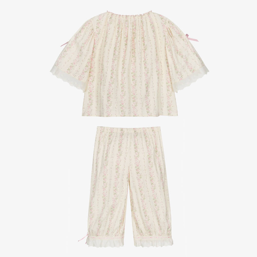 AMIKI Children-Girls Cream & Pink Floral Pyjamas with Embroidered Trims | Childrensalon