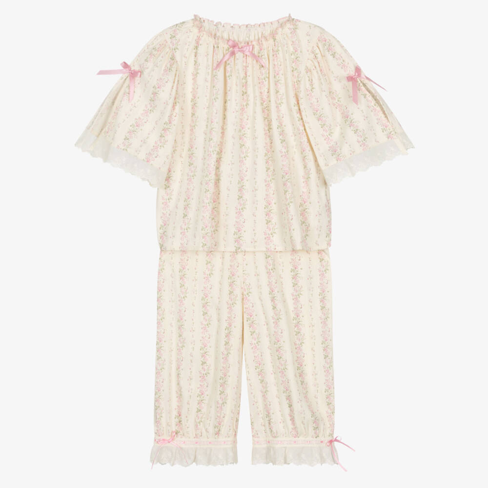 AMIKI Children-Girls Cream & Pink Floral Pyjamas with Embroidered Trims | Childrensalon