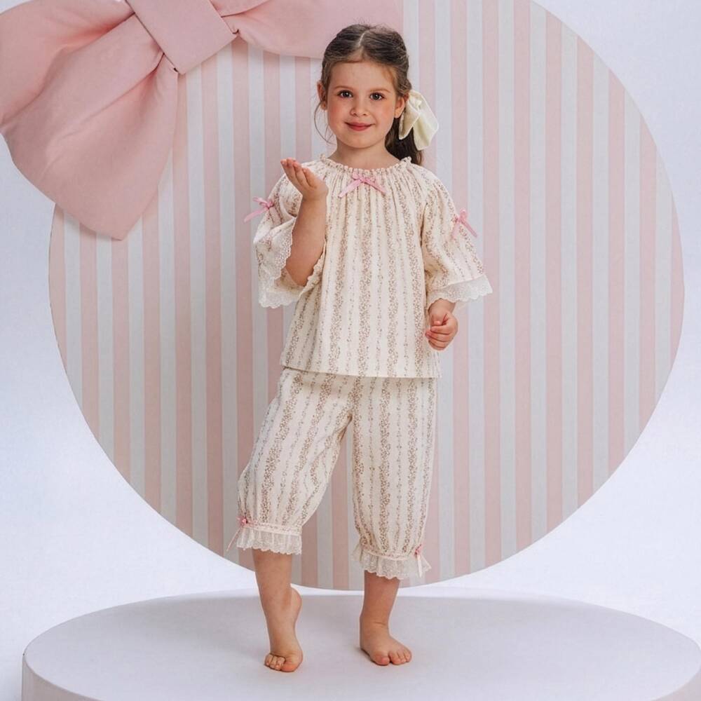 AMIKI Children-Girls Cream & Pink Floral Pyjamas with Embroidered Trims | Childrensalon