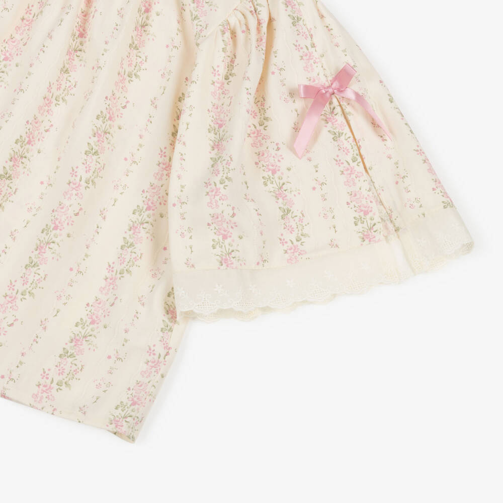 AMIKI Children-Girls Cream & Pink Floral Pyjamas with Embroidered Trims | Childrensalon