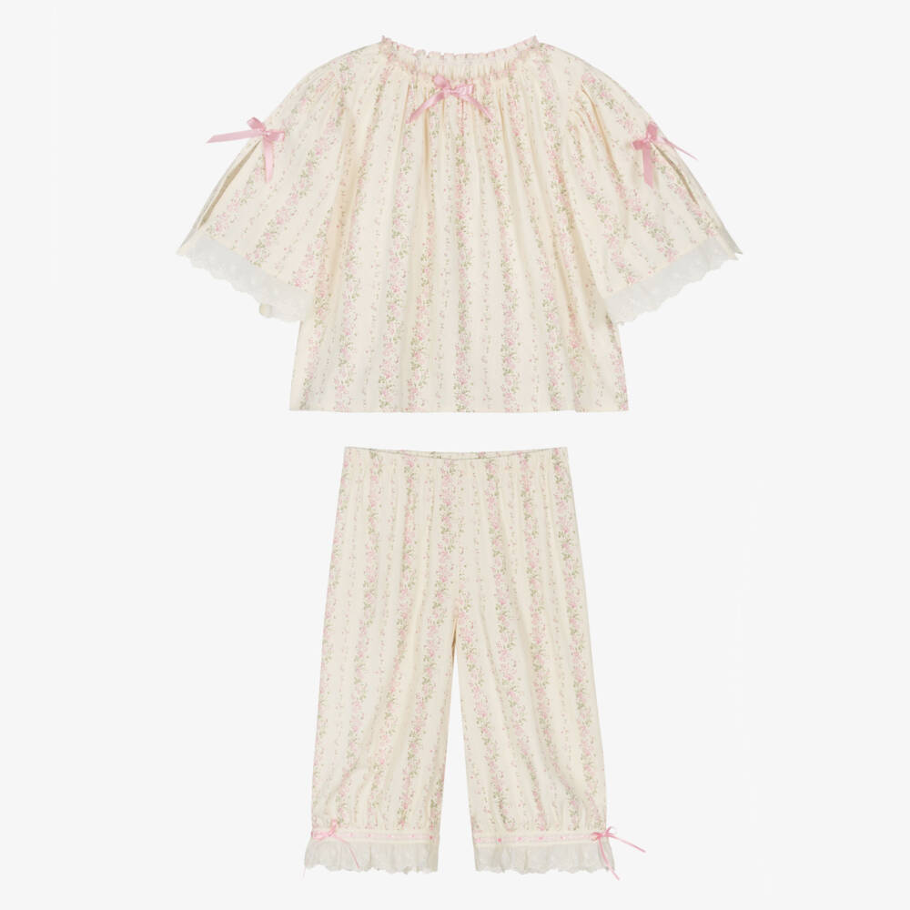 AMIKI Children-Girls Cream & Pink Floral Pyjamas with Embroidered Trims | Childrensalon