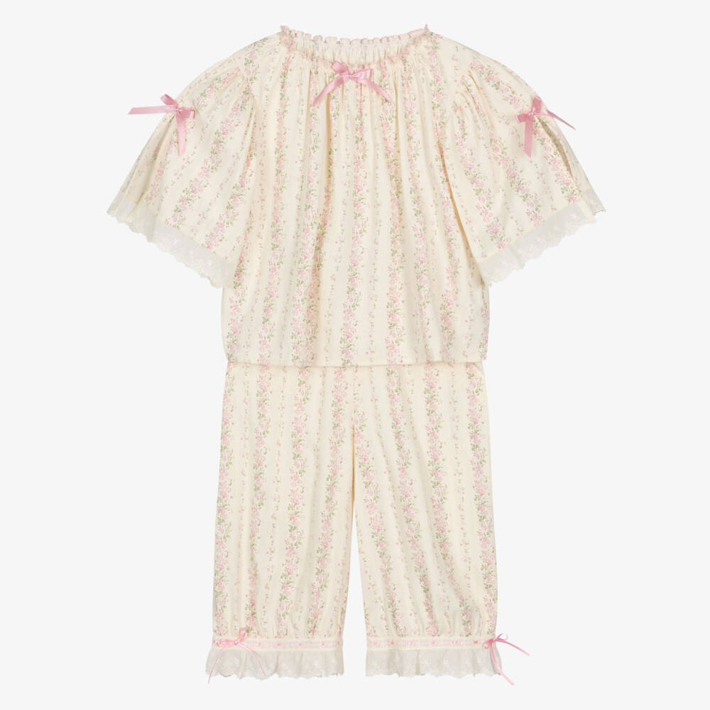 AMIKI Children-Girls Cream & Pink Floral Pyjamas with Embroidered Trims | Childrensalon