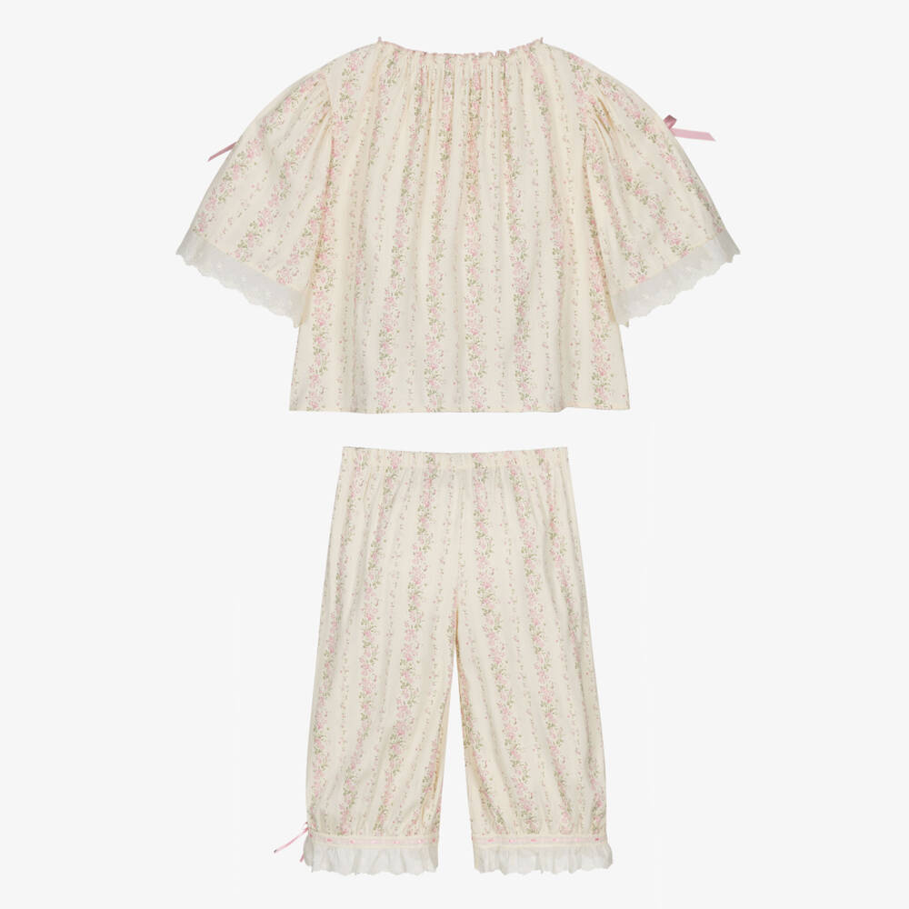 AMIKI Children-Girls Cream & Pink Floral Pyjamas with Embroidered Trims | Childrensalon