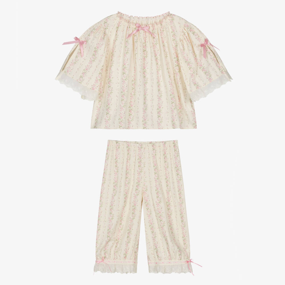 AMIKI Children-Girls Cream & Pink Floral Pyjamas with Embroidered Trims | Childrensalon