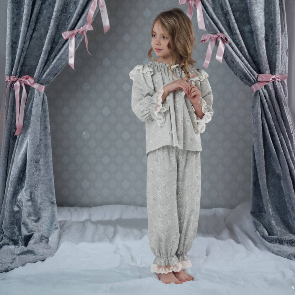 AMIKI Children-Girls Dove Grey Floral Cotton Pyjamas | Childrensalon