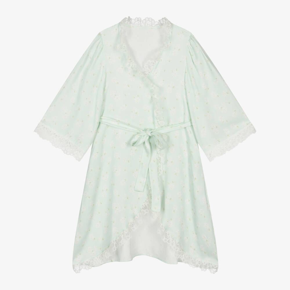 AMIKI Children-Girls Green Floral Print Dressing Gown with Lace Trims | Childrensalon