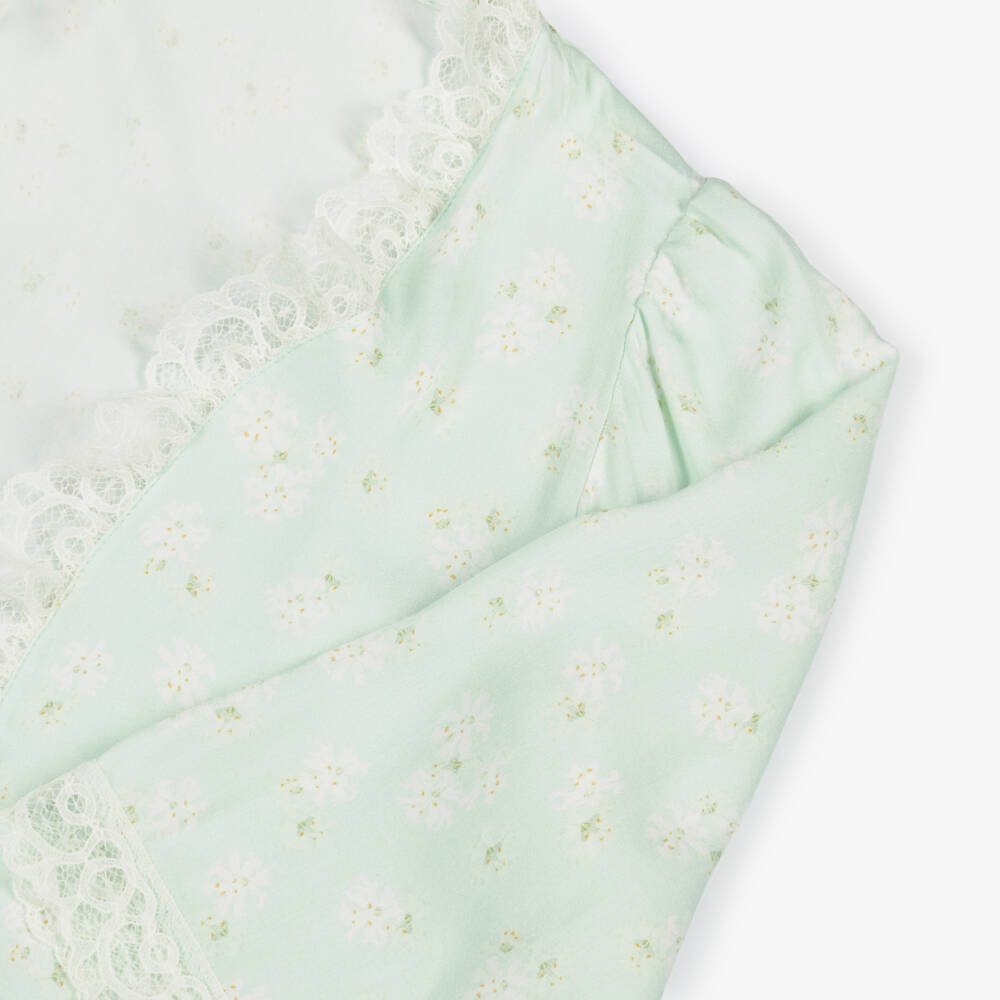 AMIKI Children-Girls Green Floral Print Dressing Gown with Lace Trims | Childrensalon