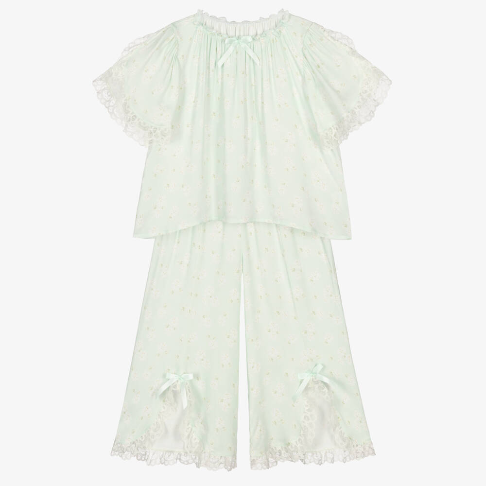 AMIKI Children-Girls Green Floral Print Pyjamas with Lace Trims | Childrensalon