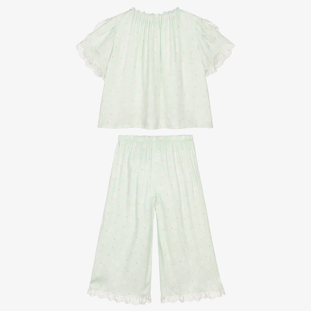 AMIKI Children-Girls Green Floral Print Pyjamas with Lace Trims | Childrensalon