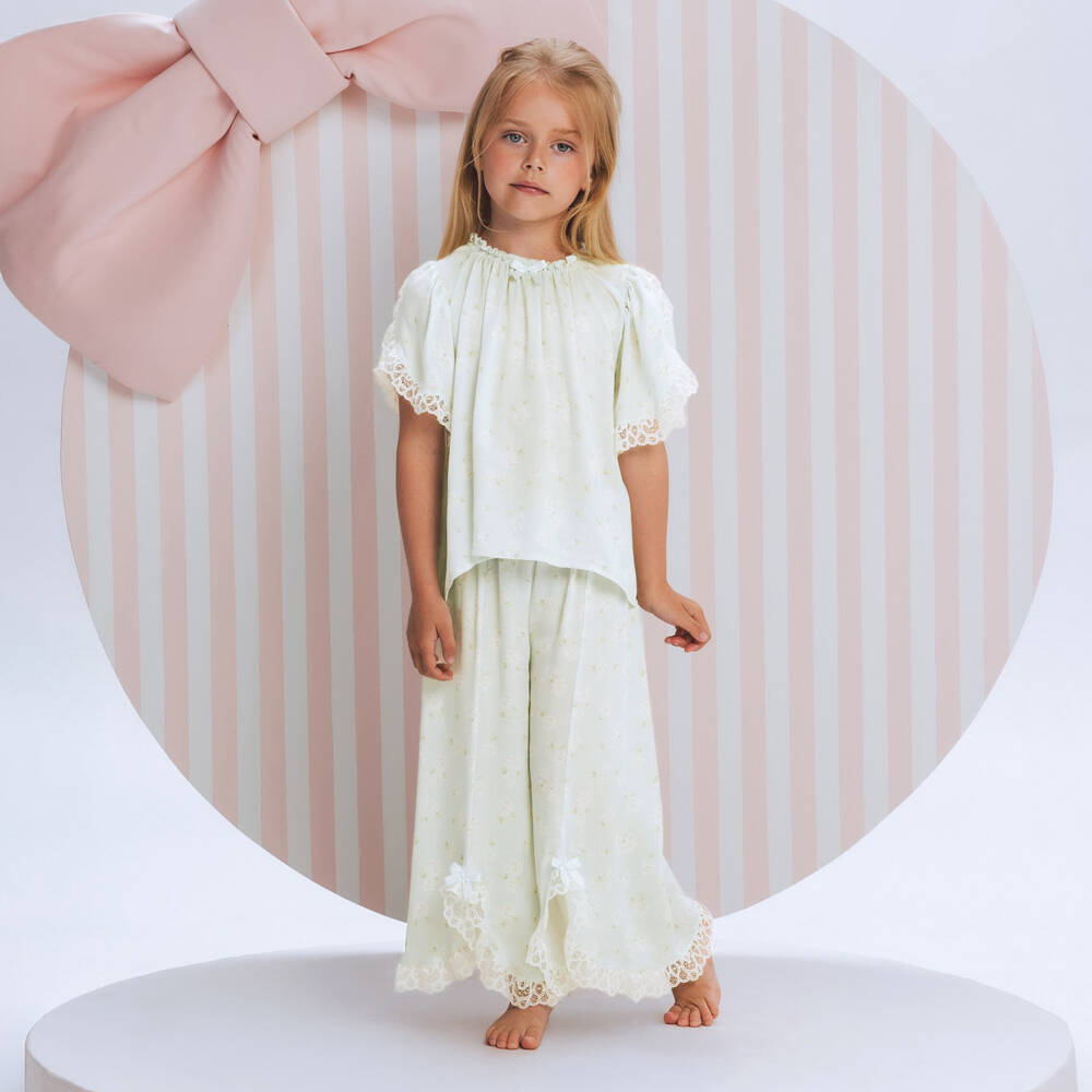 AMIKI Children-Girls Green Floral Print Pyjamas with Lace Trims | Childrensalon