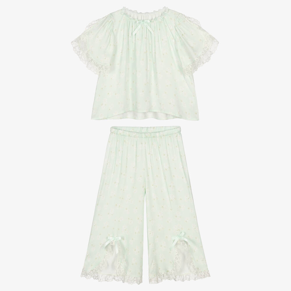 AMIKI Children-Girls Green Floral Print Pyjamas with Lace Trims | Childrensalon