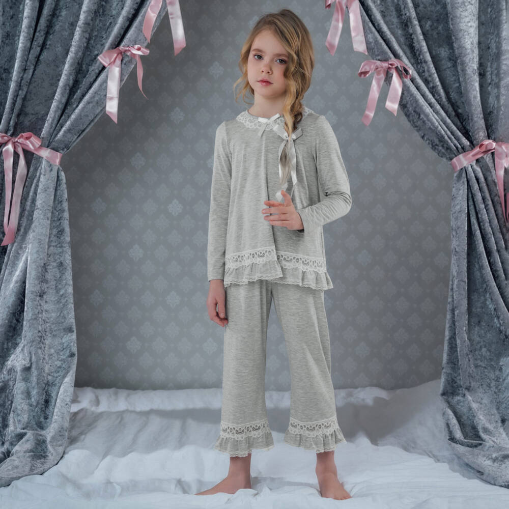 AMIKI Children-Girls Grey Marl Micromodal Jersey Pyjamas with Lace Trims | Childrensalon