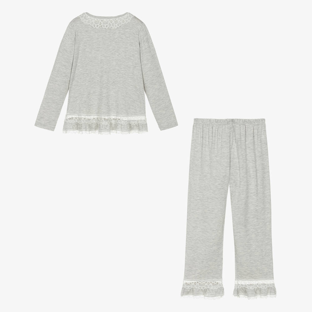 AMIKI Children-Girls Grey Marl Micromodal Jersey Pyjamas with Lace Trims | Childrensalon