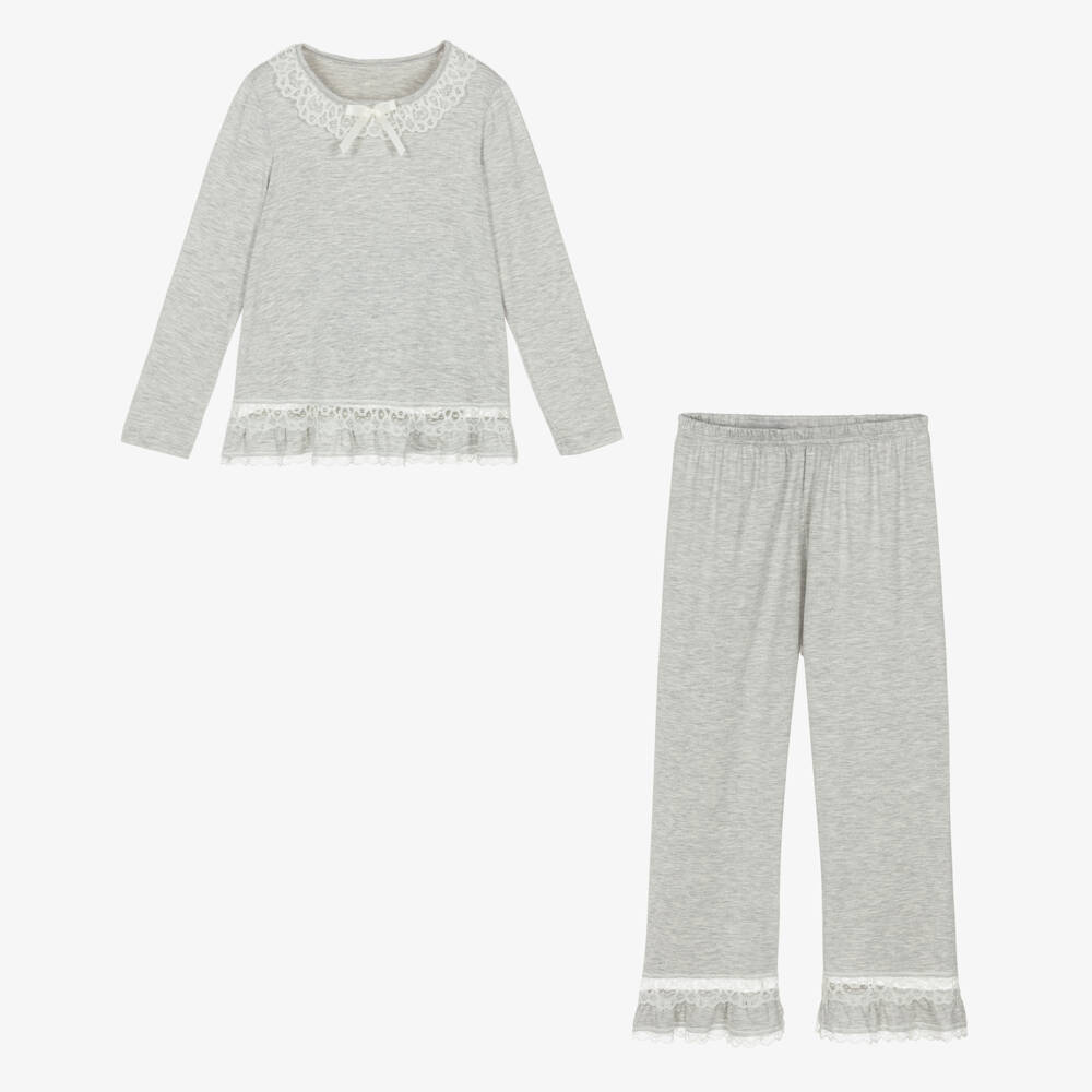 AMIKI Children-Girls Grey Marl Micromodal Jersey Pyjamas with Lace Trims | Childrensalon