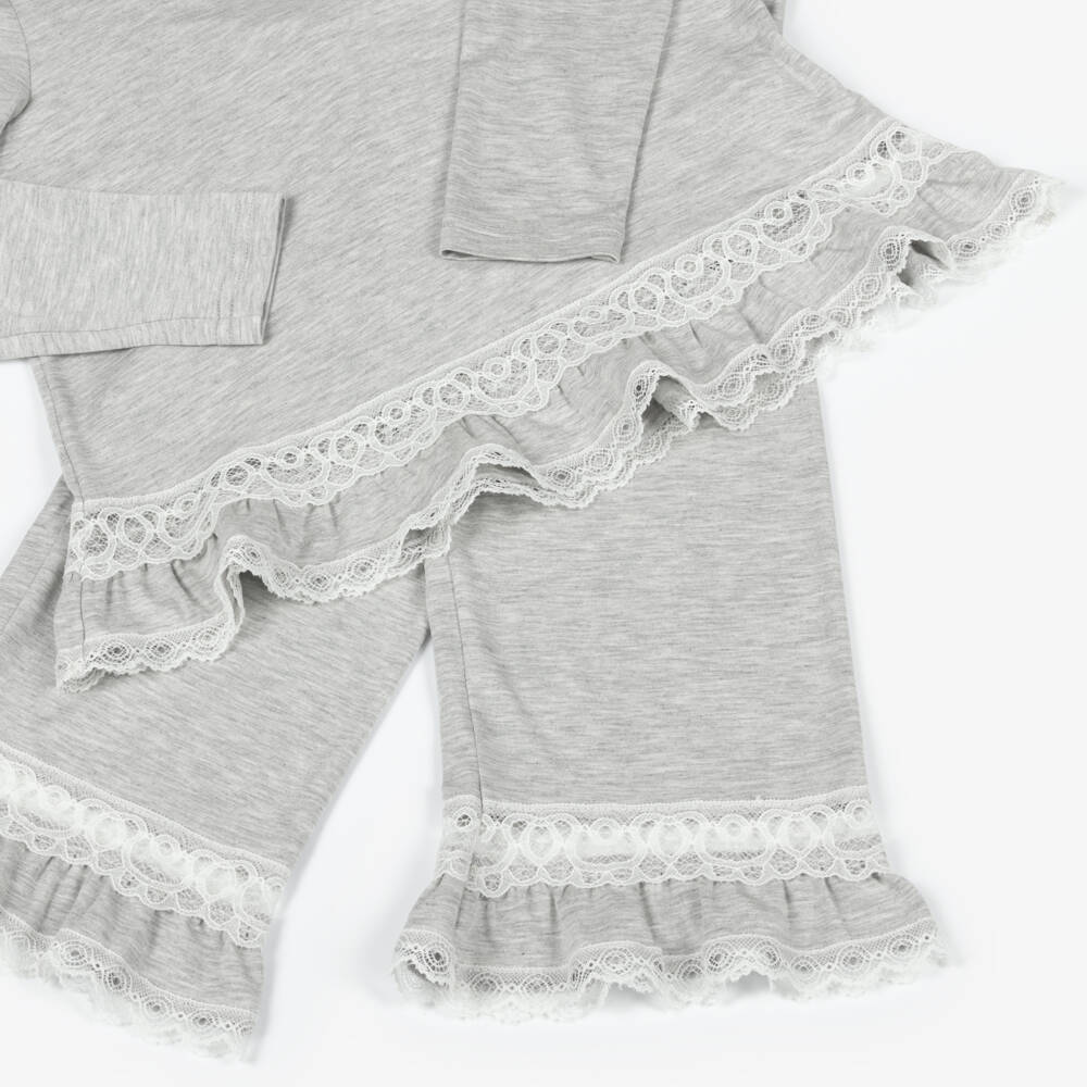 AMIKI Children-Girls Grey Marl Micromodal Jersey Pyjamas with Lace Trims | Childrensalon