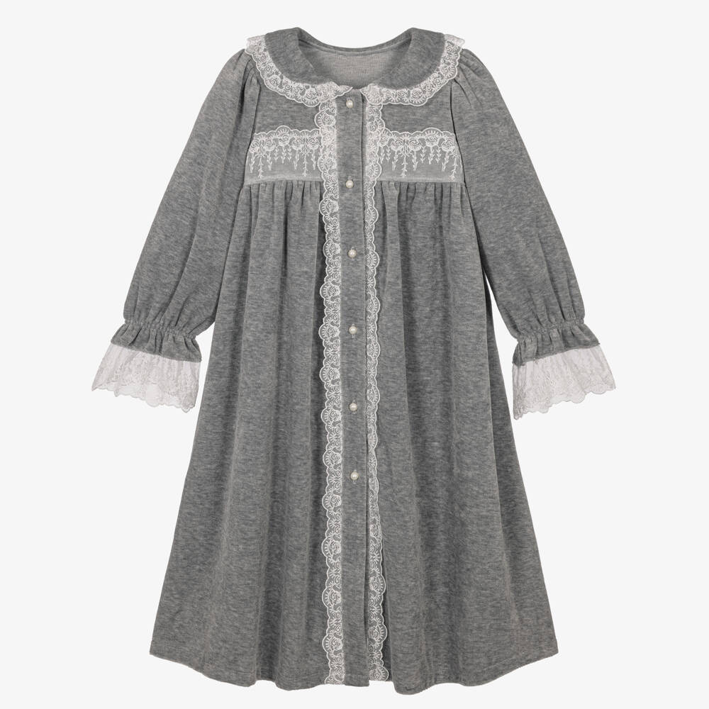 AMIKI Children-Girls Grey Velour Dressing Gown with Lace | Childrensalon