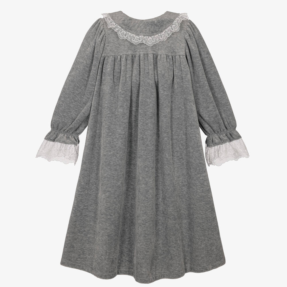 AMIKI Children-Girls Grey Velour Dressing Gown with Lace | Childrensalon