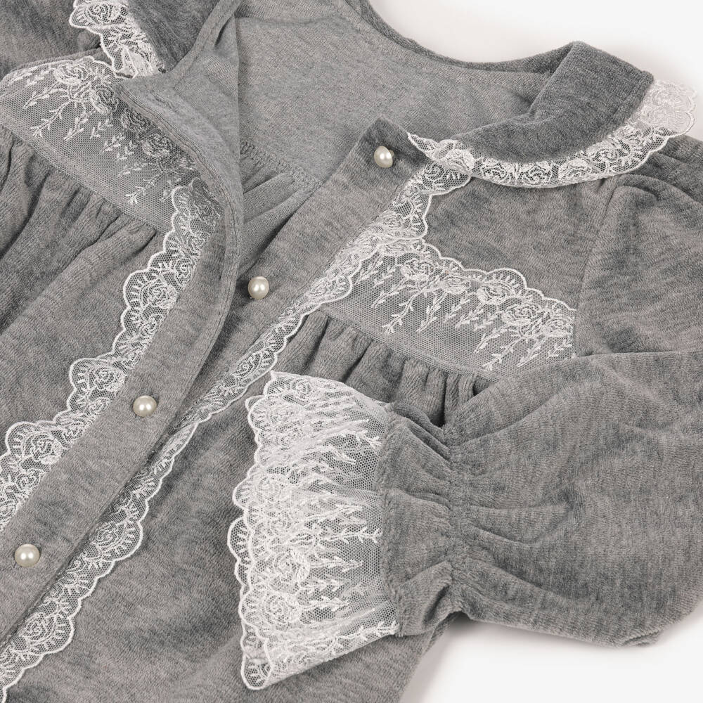 AMIKI Children-Girls Grey Velour Dressing Gown with Lace | Childrensalon