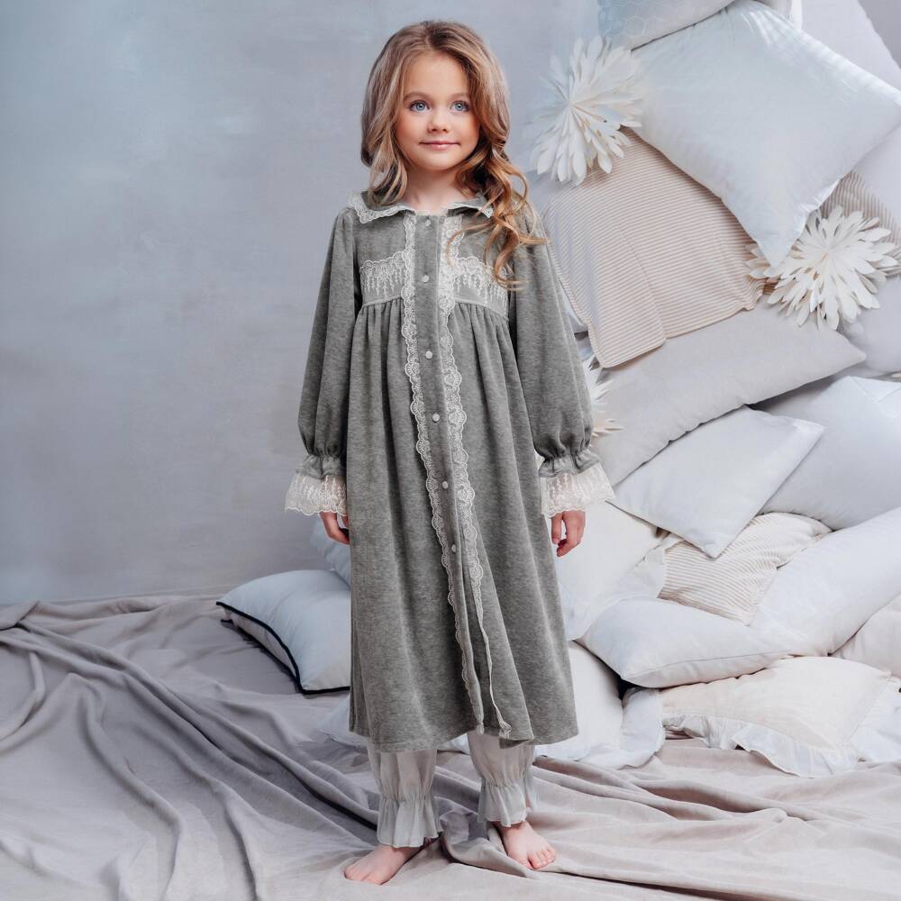 AMIKI Children-Girls Grey Velour Dressing Gown with Lace | Childrensalon