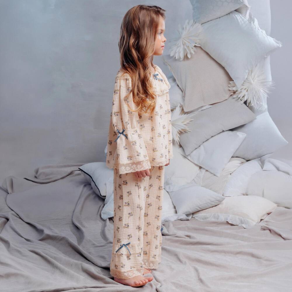 AMIKI Children-Girls Ivory Cotton Muslin Pyjamas with Floral Print | Childrensalon