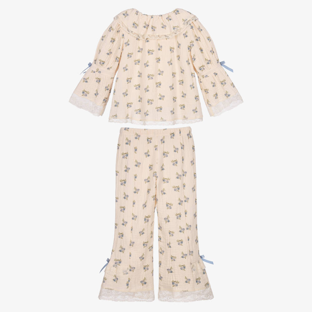 AMIKI Children-Girls Ivory Cotton Muslin Pyjamas with Floral Print | Childrensalon