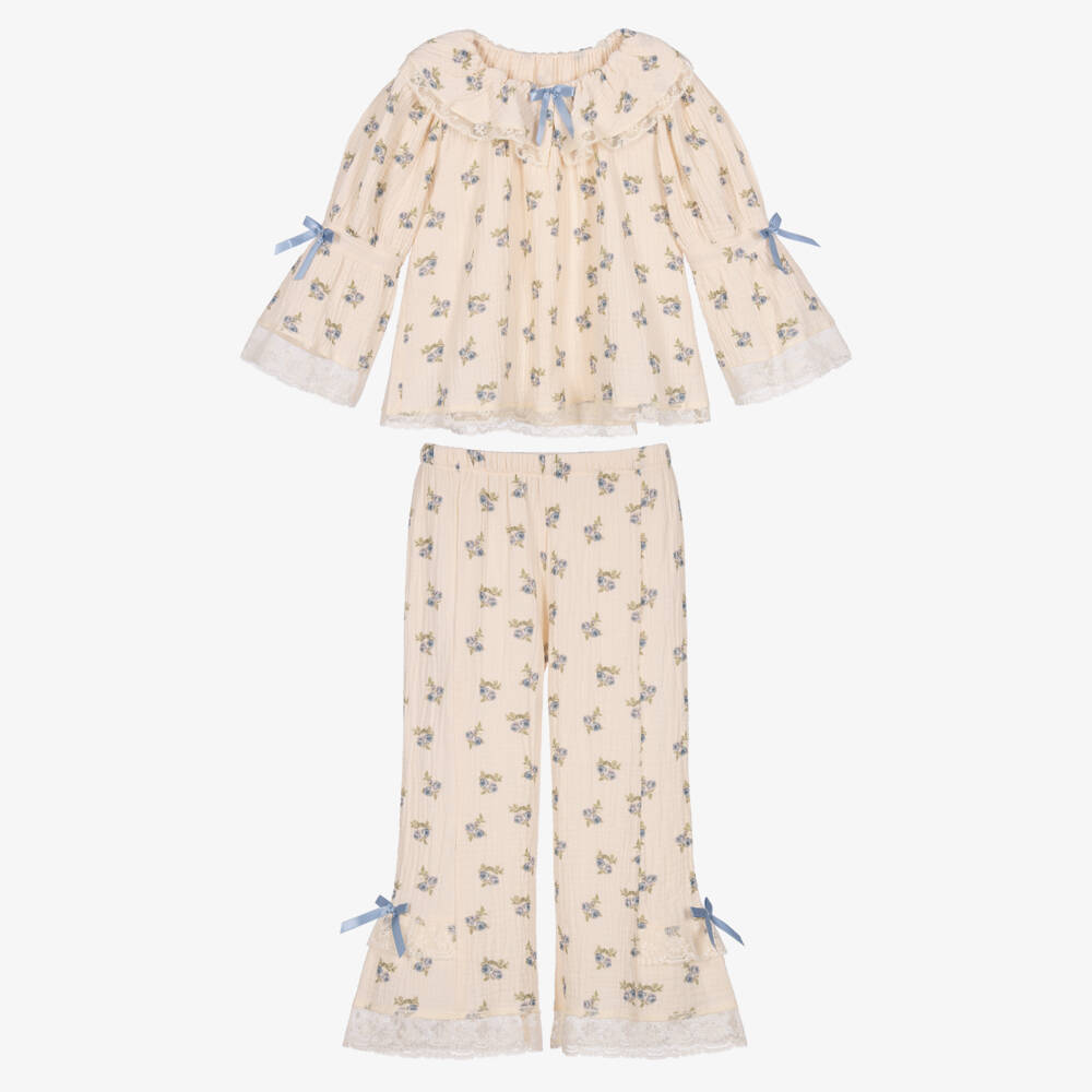 AMIKI Children-Girls Ivory Cotton Muslin Pyjamas with Floral Print | Childrensalon