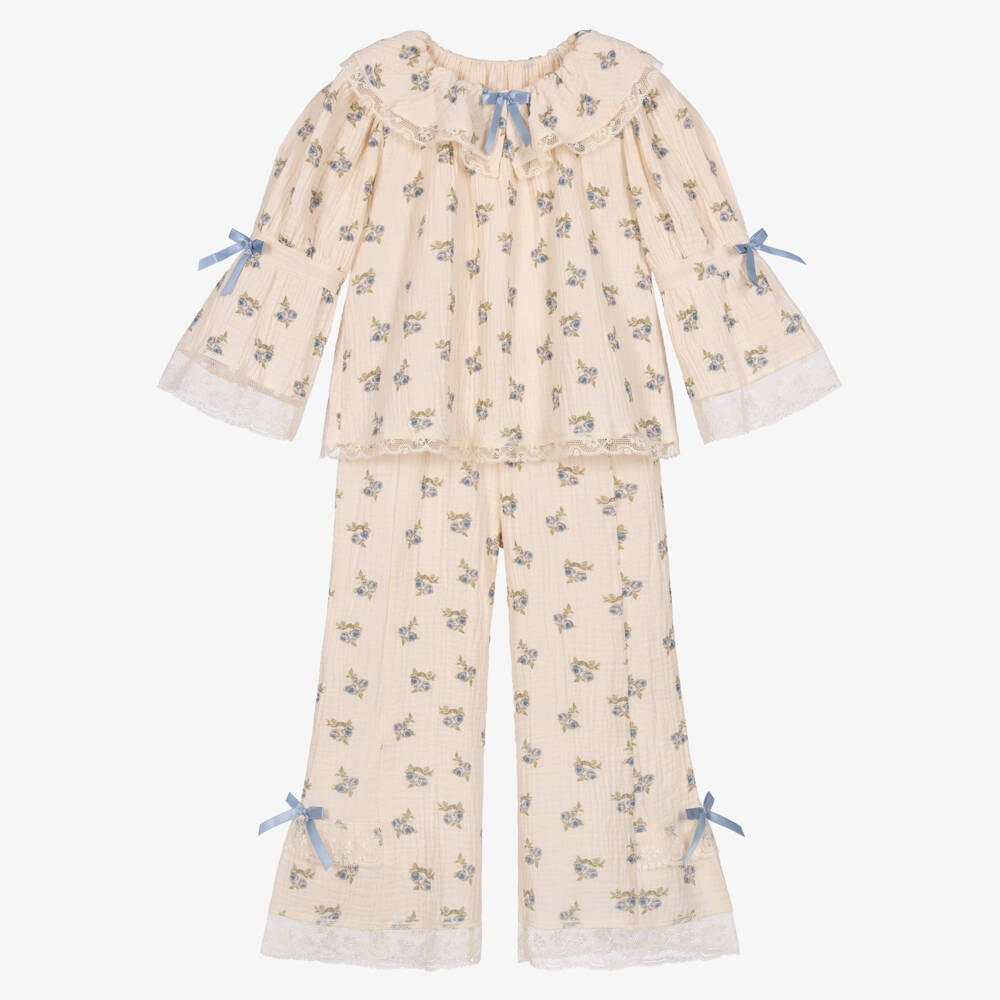 AMIKI Children-Girls Ivory Cotton Muslin Pyjamas with Floral Print | Childrensalon