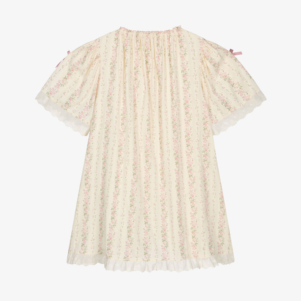 AMIKI Children-Girls Ivory Cotton Nightdress with Pink Floral Print | Childrensalon