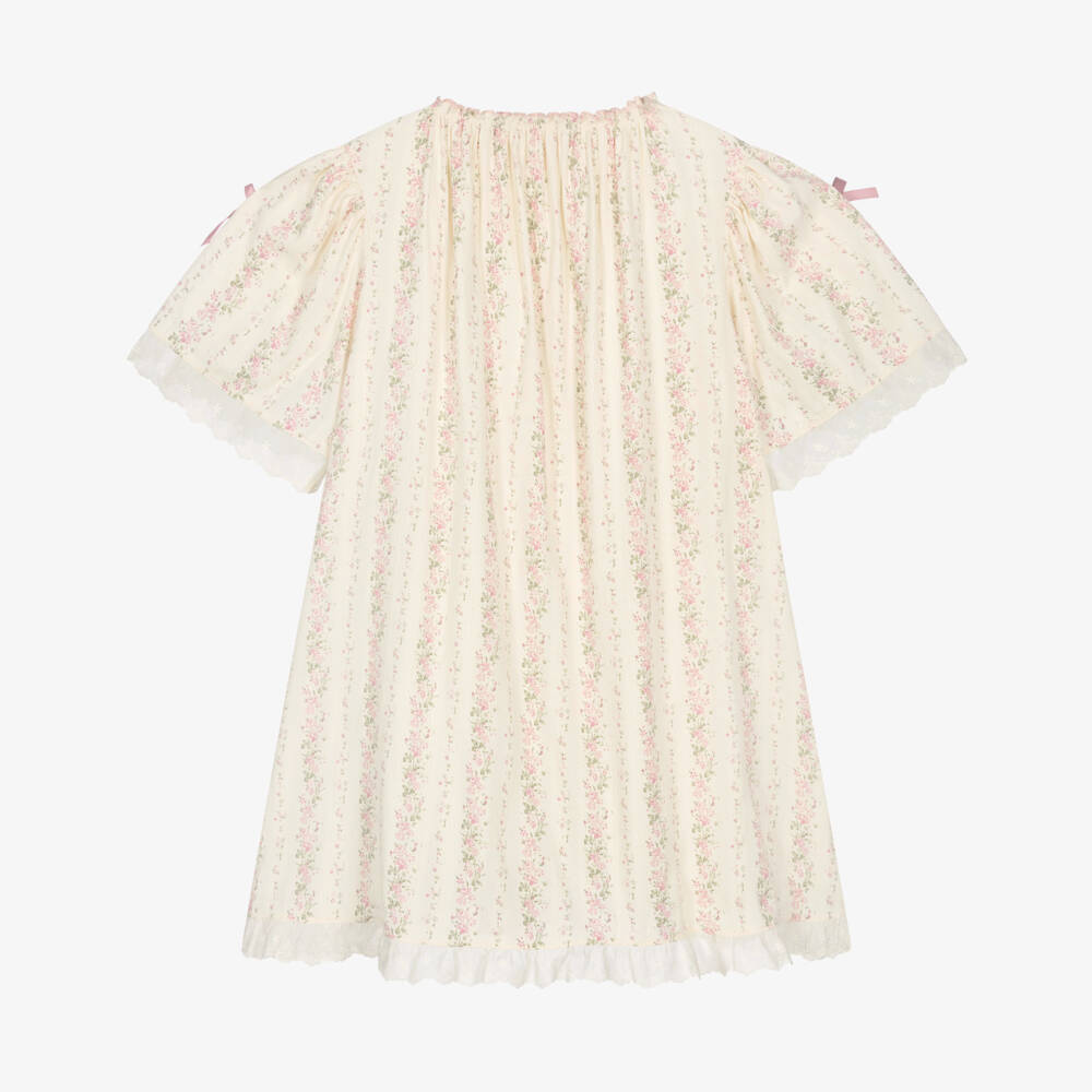 AMIKI Children-Girls Ivory Cotton Nightdress with Pink Floral Print | Childrensalon