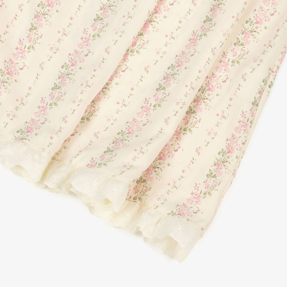 AMIKI Children-Girls Ivory Cotton Nightdress with Pink Floral Print | Childrensalon