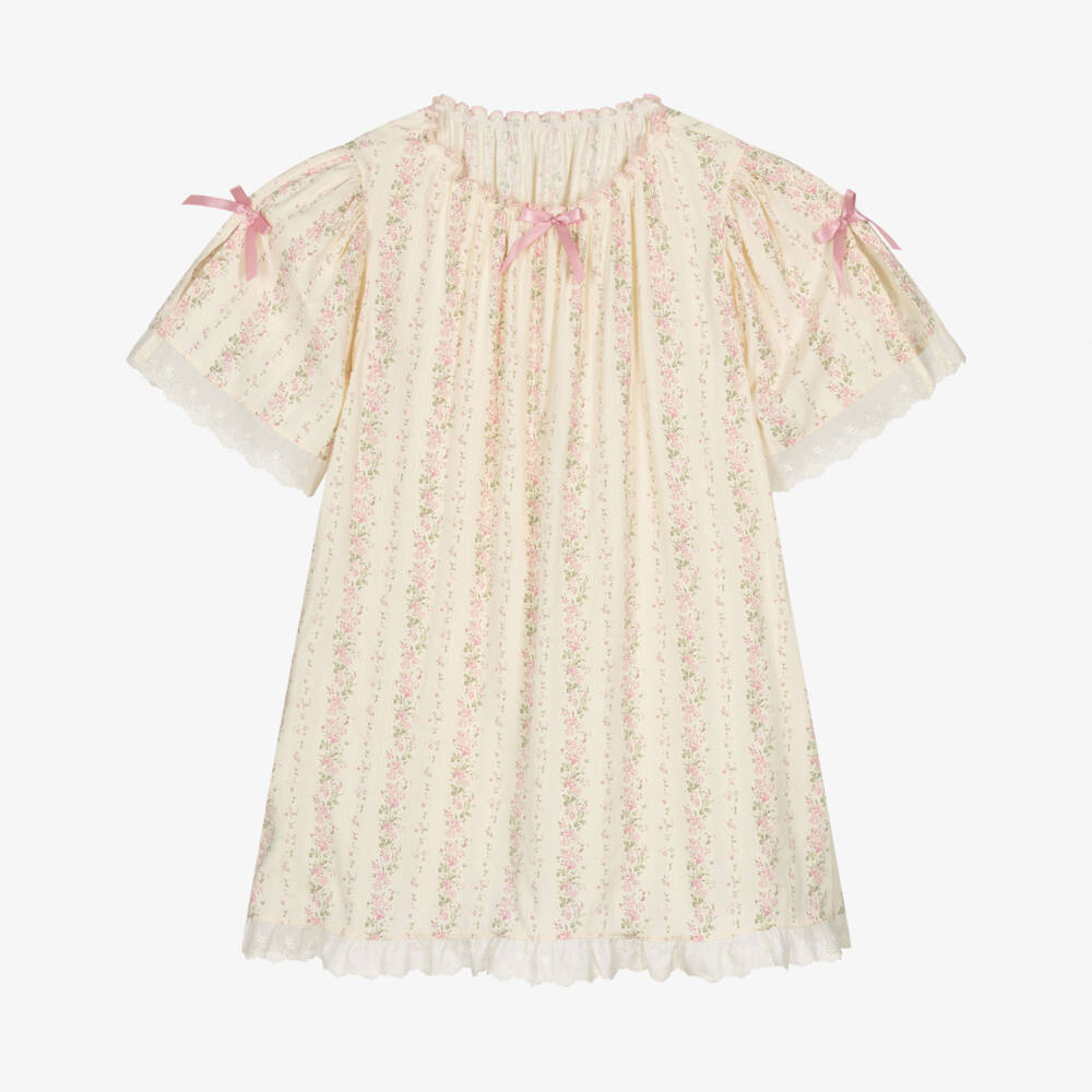 AMIKI Children-Girls Ivory Cotton Nightdress with Pink Floral Print | Childrensalon