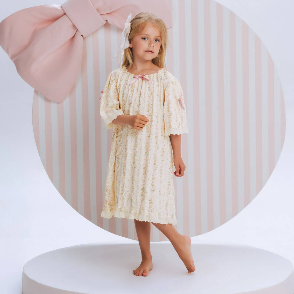 AMIKI Children-Girls Ivory Cotton Nightdress with Pink Floral Print | Childrensalon