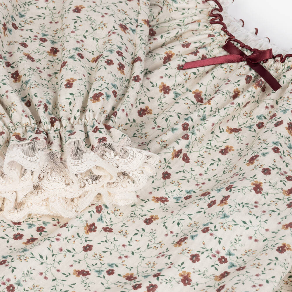 AMIKI Children-Girls Ivory Floral Cotton Pyjamas with Lace Trims | Childrensalon