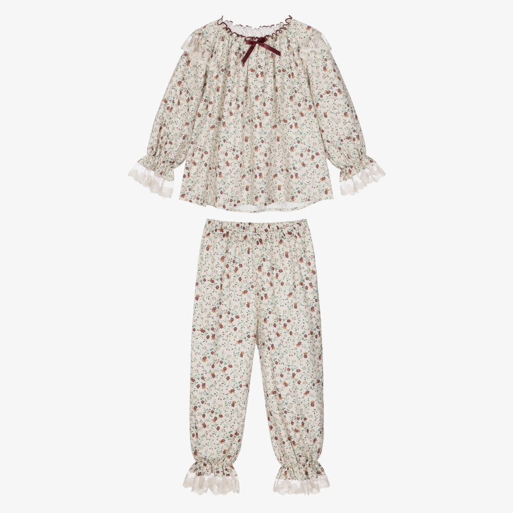AMIKI Children-Girls Ivory Floral Cotton Pyjamas with Lace Trims | Childrensalon