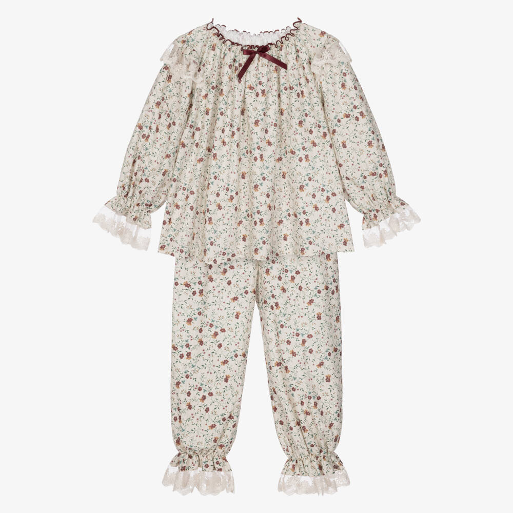 AMIKI Children-Girls Ivory Floral Cotton Pyjamas with Lace Trims | Childrensalon