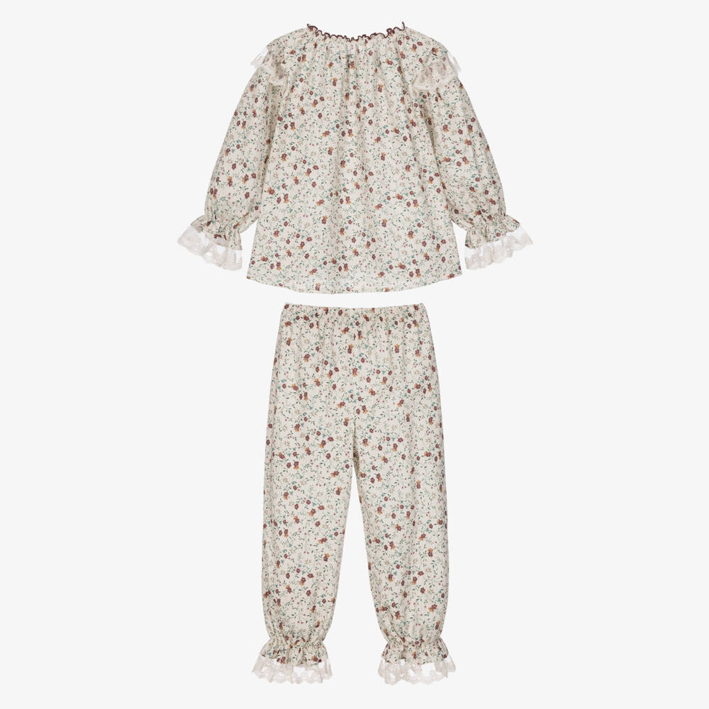 AMIKI Children-Girls Ivory Floral Cotton Pyjamas with Lace Trims | Childrensalon