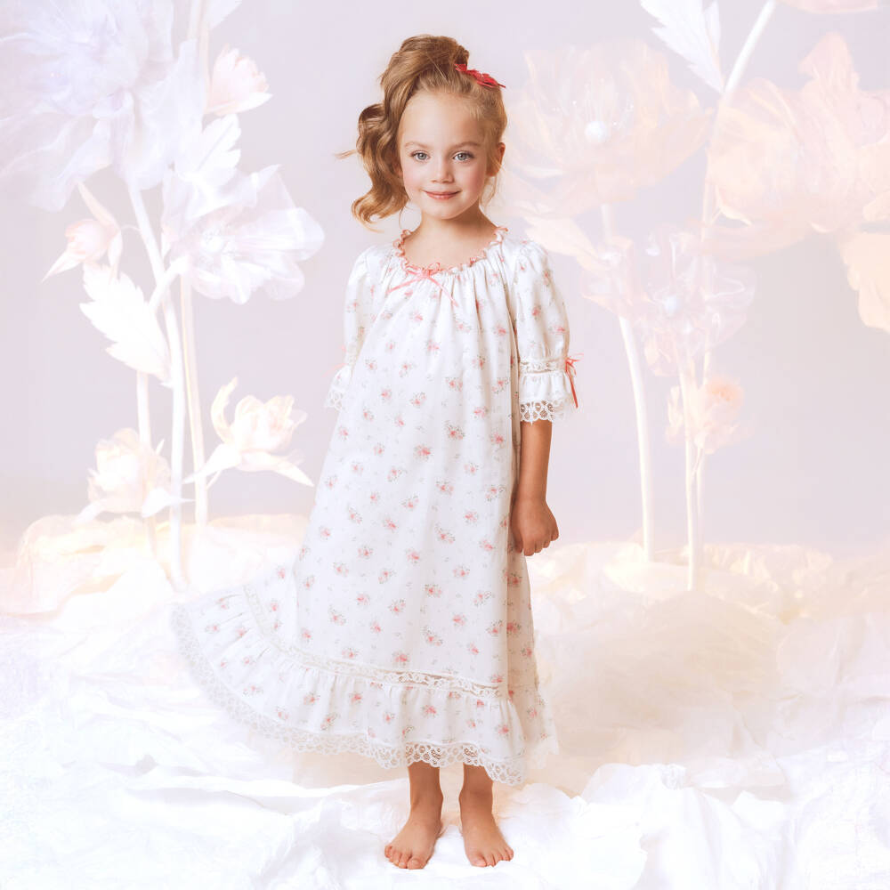 AMIKI Children-Girls Ivory & Pink Floral Cotton Nightdress | Childrensalon