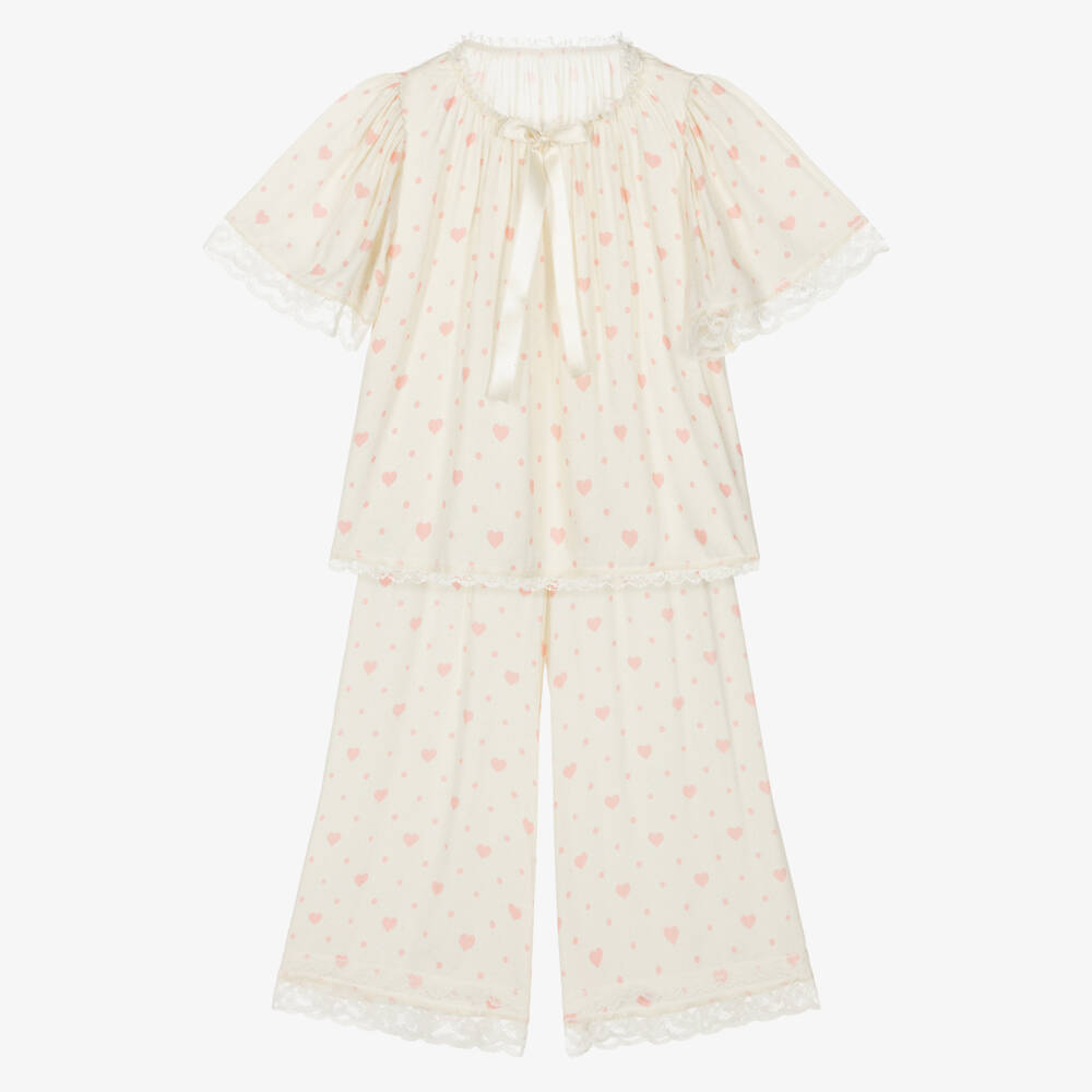 AMIKI Children-Girls Ivory & Pink Heart Print Pyjamas with Lace Trims | Childrensalon