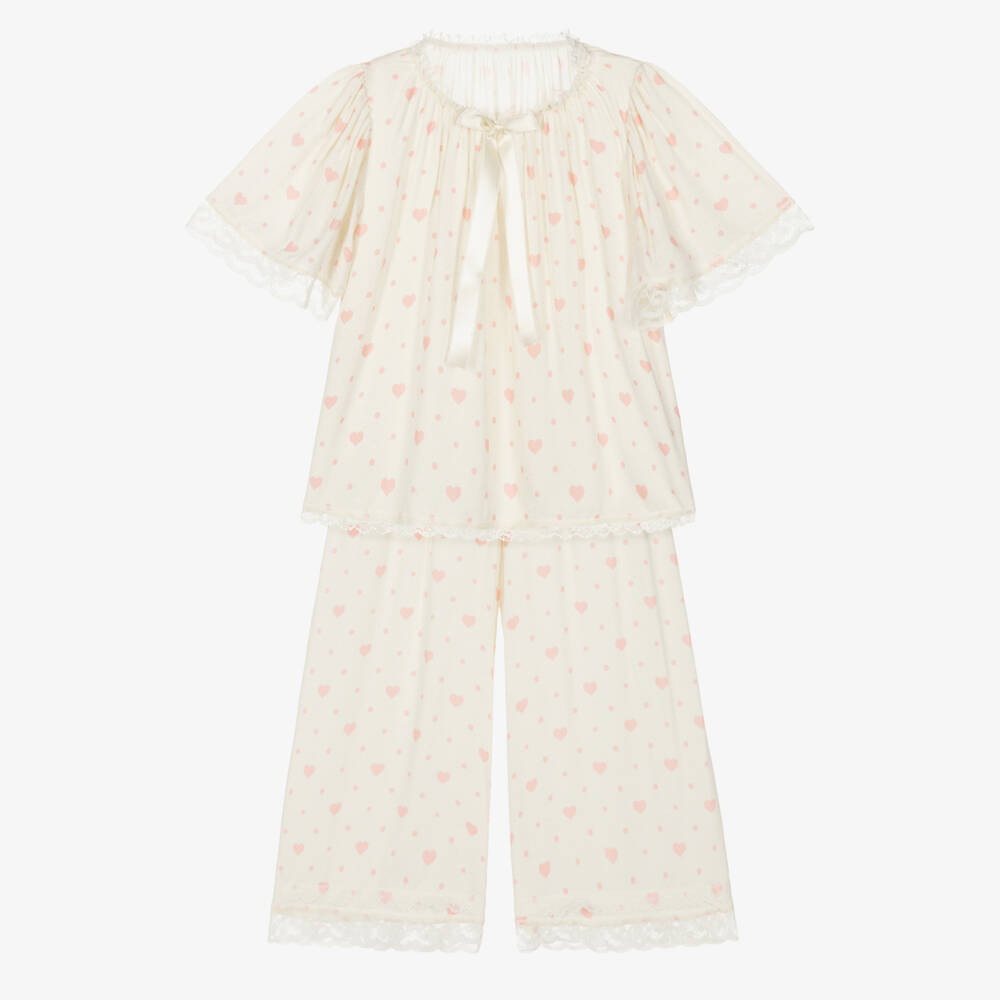 AMIKI Children-Girls Ivory & Pink Heart Print Pyjamas with Lace Trims | Childrensalon