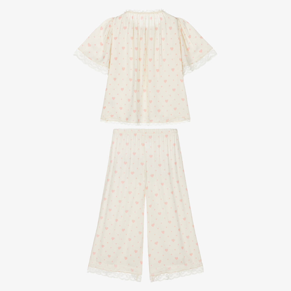 AMIKI Children-Girls Ivory & Pink Heart Print Pyjamas with Lace Trims | Childrensalon