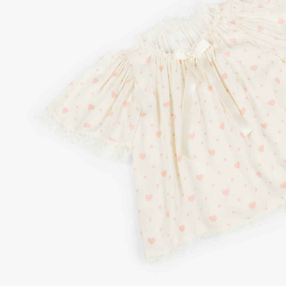 AMIKI Children-Girls Ivory & Pink Heart Print Pyjamas with Lace Trims | Childrensalon