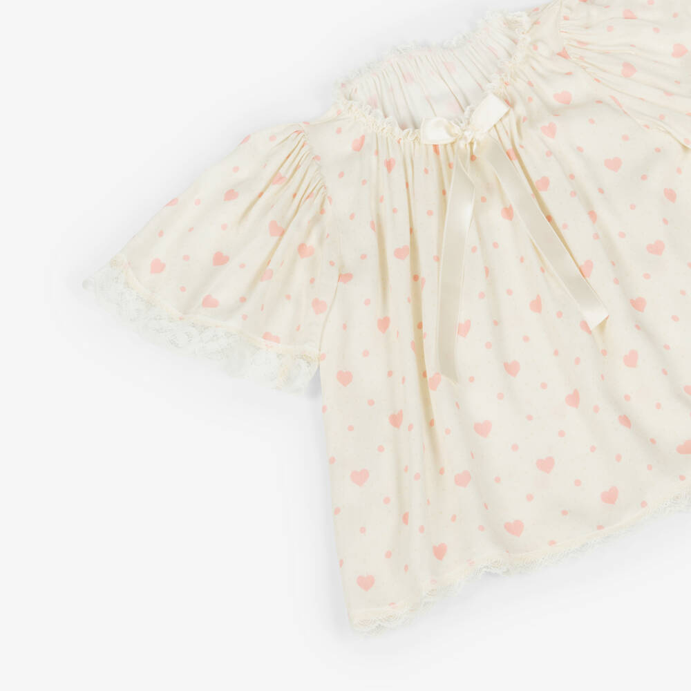 AMIKI Children-Girls Ivory & Pink Heart Print Pyjamas with Lace Trims | Childrensalon