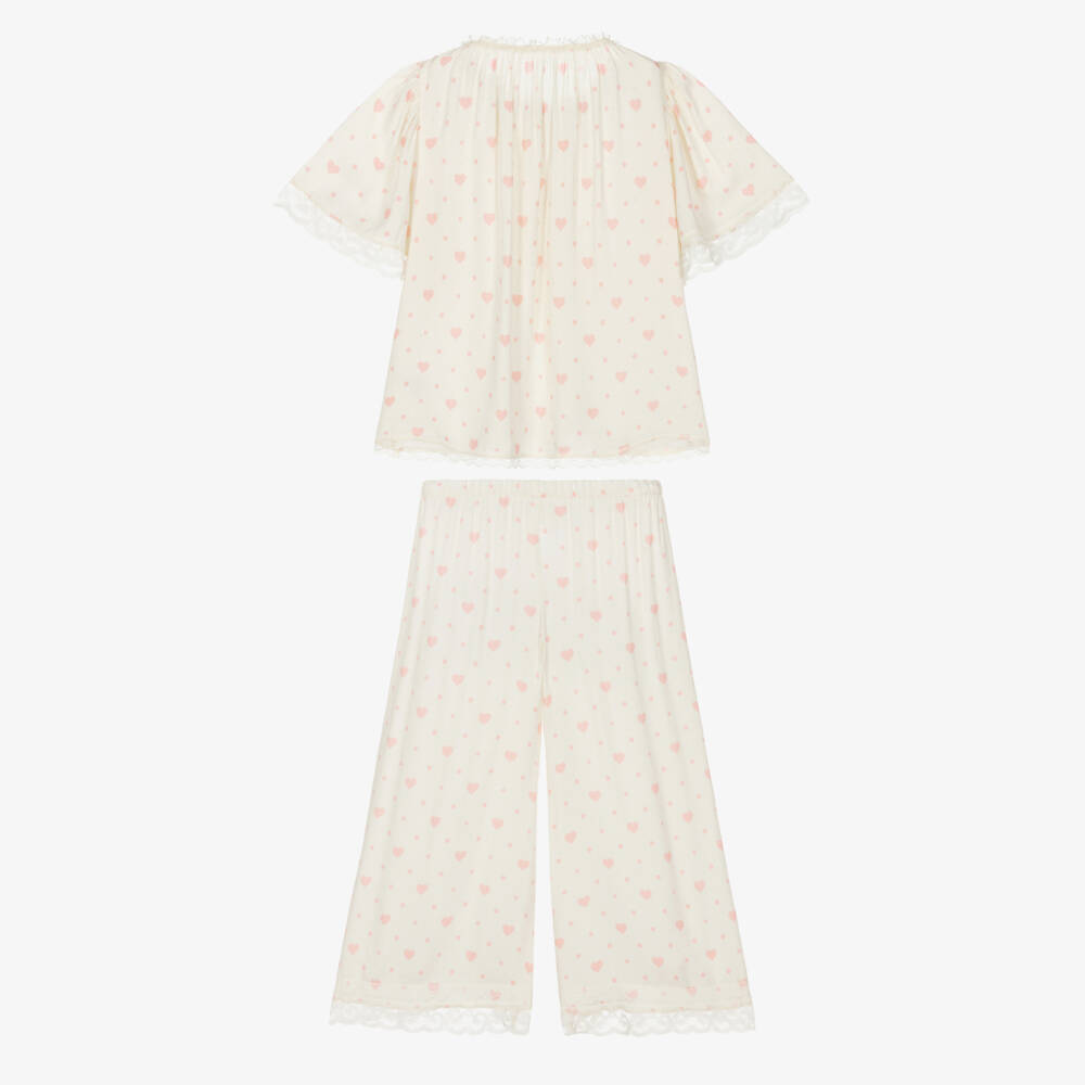 AMIKI Children-Girls Ivory & Pink Heart Print Pyjamas with Lace Trims | Childrensalon