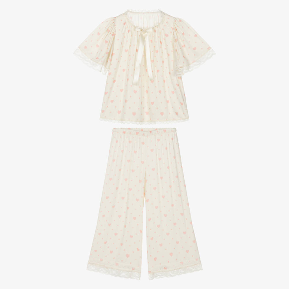 AMIKI Children-Girls Ivory & Pink Heart Print Pyjamas with Lace Trims | Childrensalon