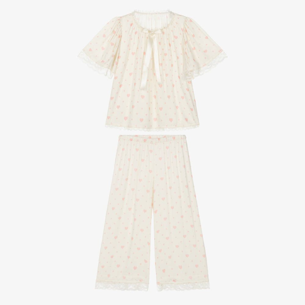AMIKI Children-Girls Ivory & Pink Heart Print Pyjamas with Lace Trims | Childrensalon