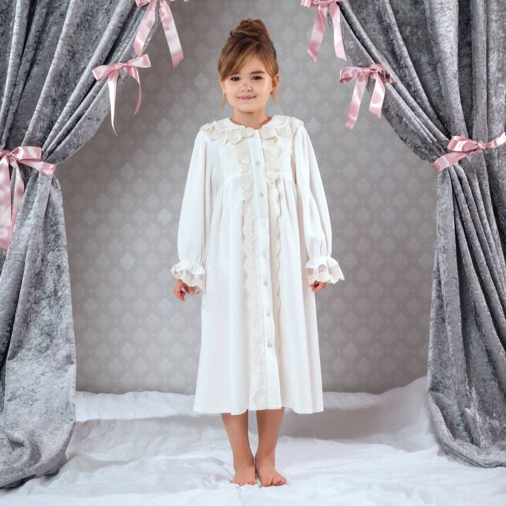 AMIKI Children-Girls Ivory Velour Dressing Gown with Lace Trims | Childrensalon