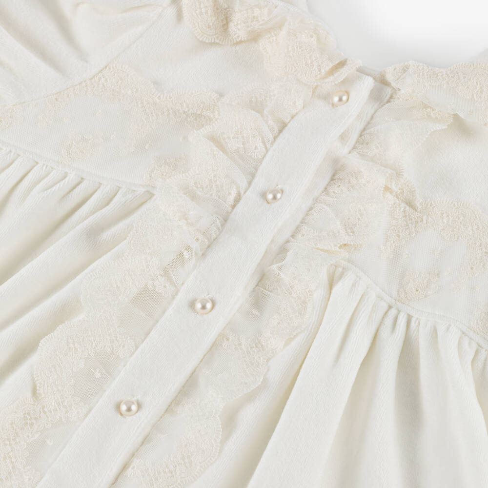 AMIKI Children-Girls Ivory Velour Dressing Gown with Lace Trims | Childrensalon