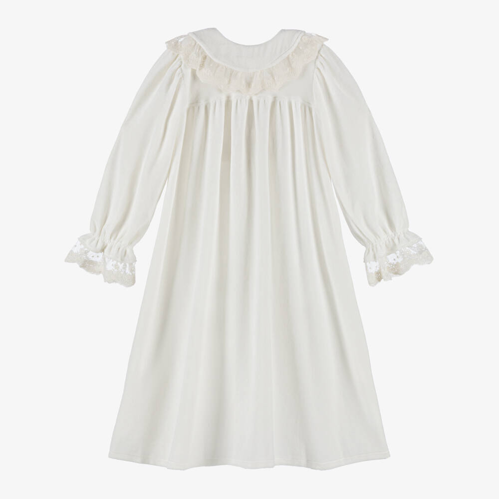 AMIKI Children-Girls Ivory Velour Dressing Gown with Lace Trims | Childrensalon