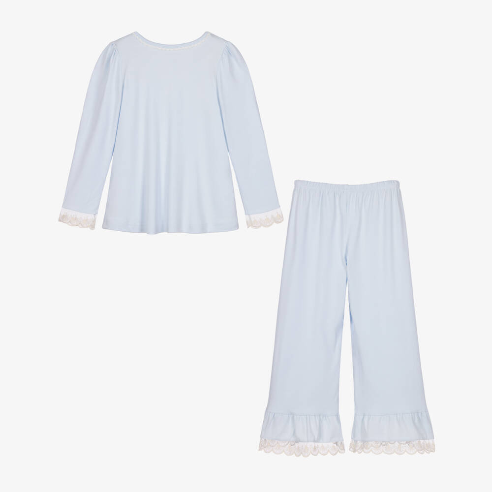 AMIKI Children-Girls Light Blue Pyjamas in Modal Jersey with Lace | Childrensalon