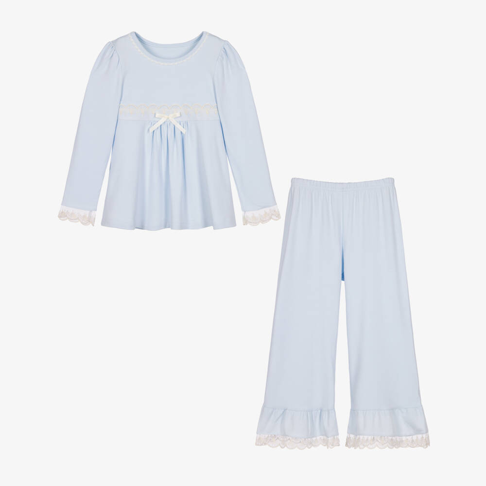 AMIKI Children-Girls Light Blue Pyjamas in Modal Jersey with Lace | Childrensalon